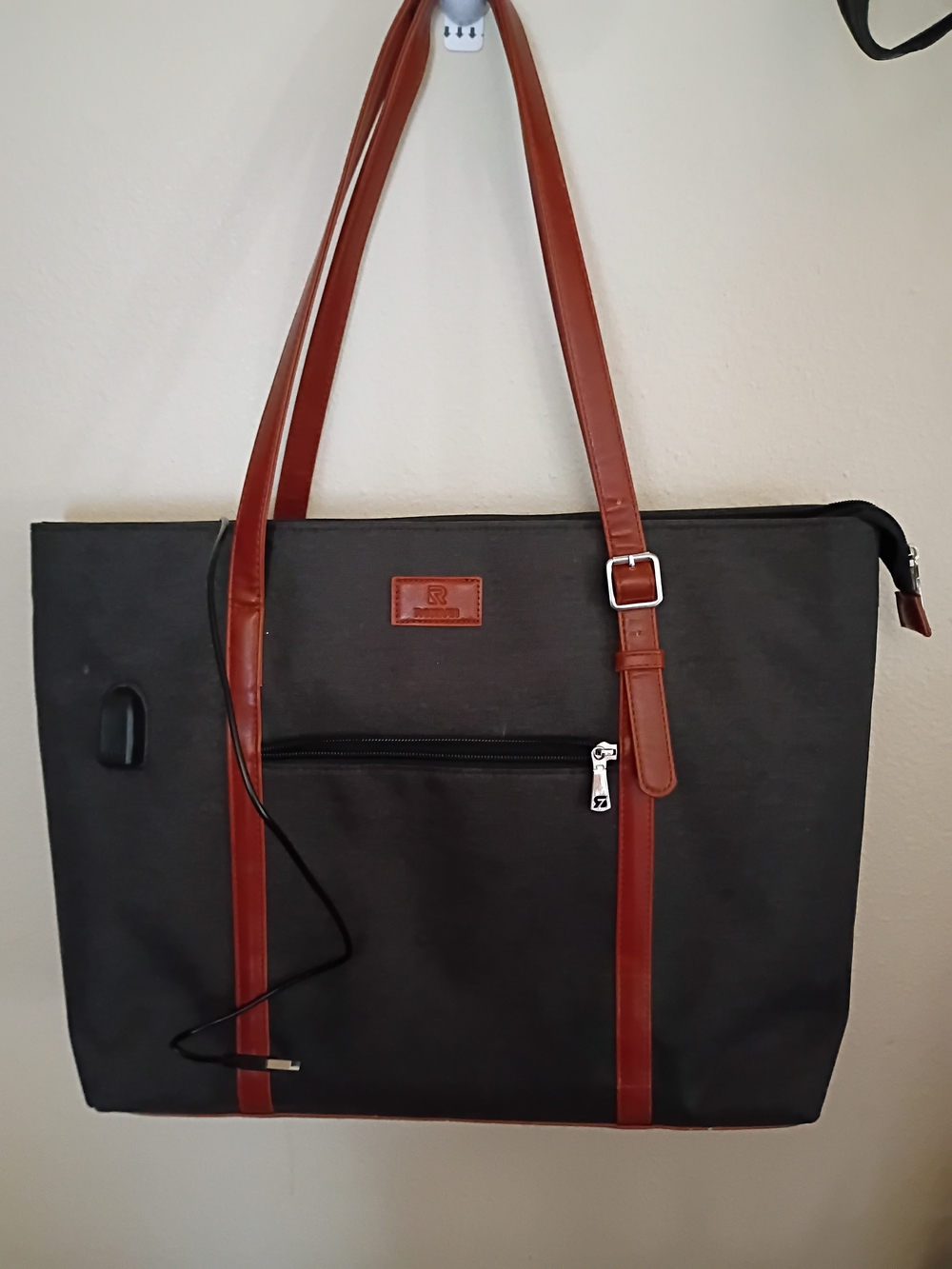 Women's Black and Brown Laptop Tote Bag with Charging Port